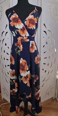 Love Squared Women's Strapless Textured Cottage Core Midi Blue Floral Dress SZ M